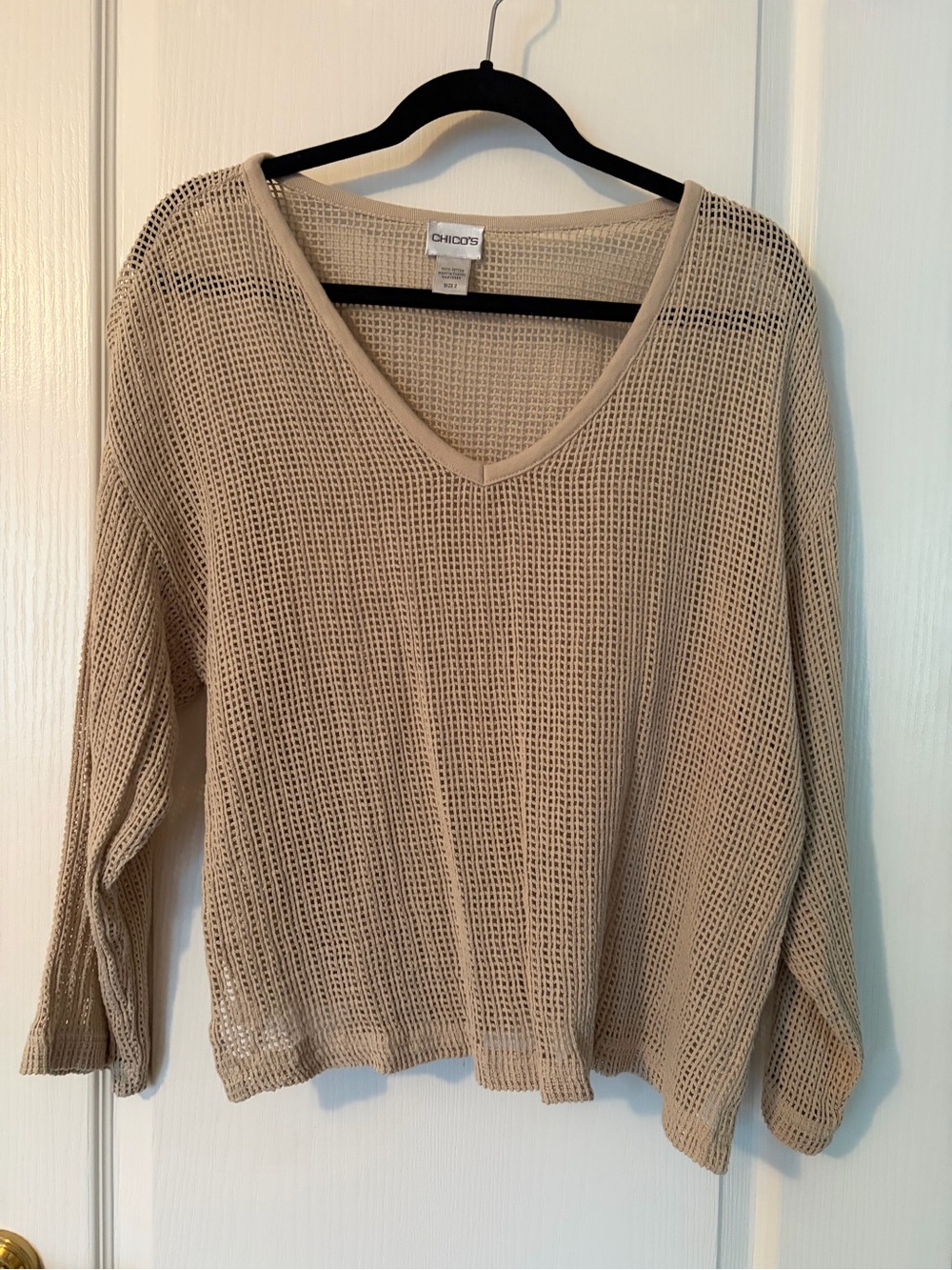 Chico's Beige Open-Weave V‑Neck Sweater
